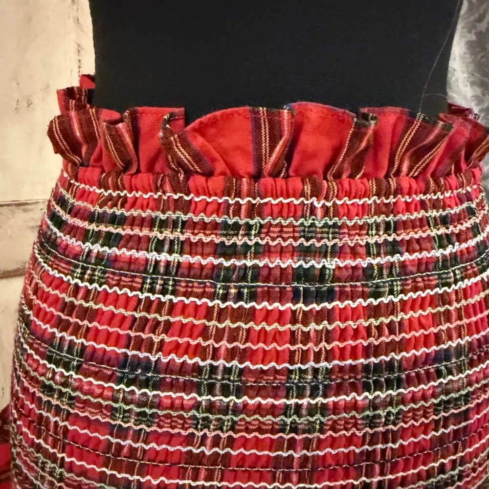 English Factory Red & Navy Smocked Tartan Tiered Ruffle Hem Skirt/top. Sz small - Picture 6 of 14